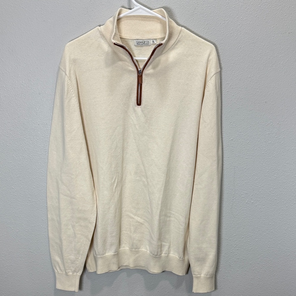 Country &Co. Cream Half-Zip Sweater with Brown Trim cotton cashmere